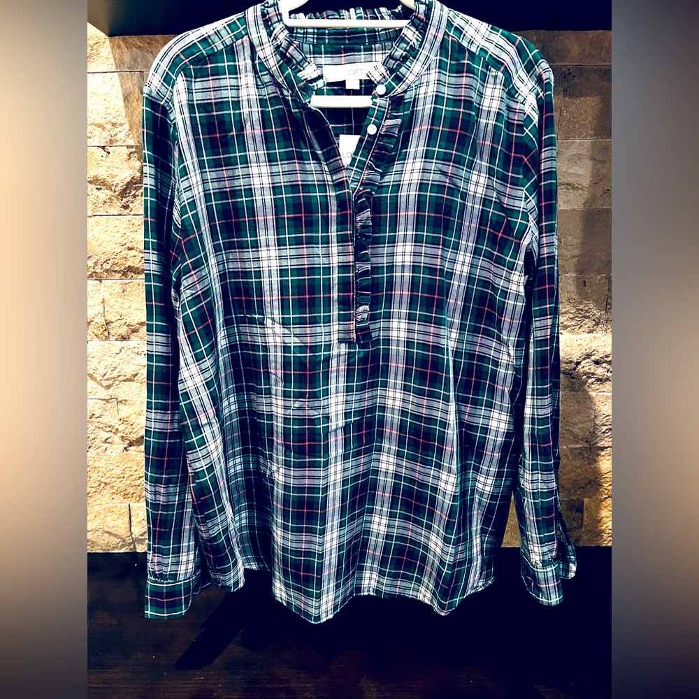 LOFT Green & Blue Plaid Blouse NWT